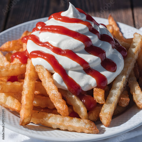 French fries with sour cream and ketchup