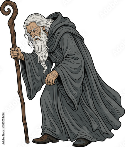 Old Wise Wizard with Long Beard Holding Magic Staff Fantasy Sorcerer Character in Dark Robe Mythical Medieval Vector Illustration