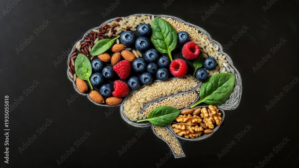 Fototapeta premium Food brain assembled with berries nuts and grains on blackboard.