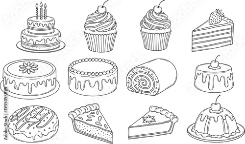 Cake and Dessert Outline Icon Set with Cupcakes Pastry Roll Donut and Birthday Cake Symbols for Bakery Menu Design
