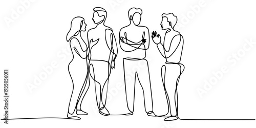 continuous one line drawing Vector illustration of four people standing in a line