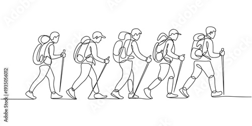 continuous one line drawing Set of 6 hikers walking line icons vector