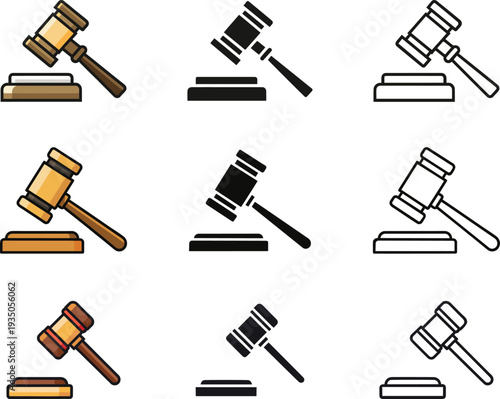 Collection of gavel icons in various colors and line styles