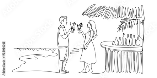 continuous one line drawing Vector illustration of a man and woman on beach with cocktails