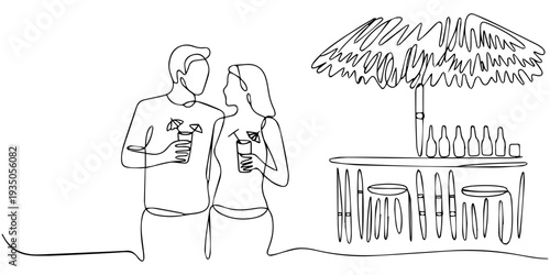 continuous one line drawing Vector illustration of couple at beach bar