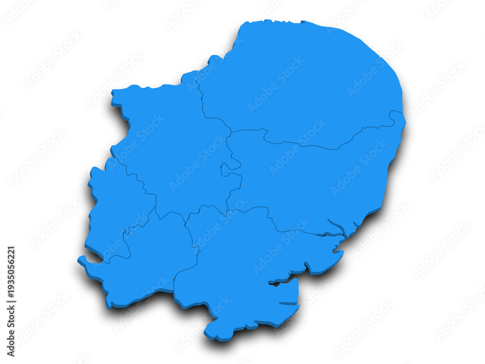 Fototapeta premium 3d East of England map, UK. Detailed high-quality illustration showing the administrative region geography boundaries isolated in white background.