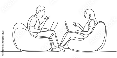 continuous one line drawing Vector illustration of two people sitting in bean bags with laptops
