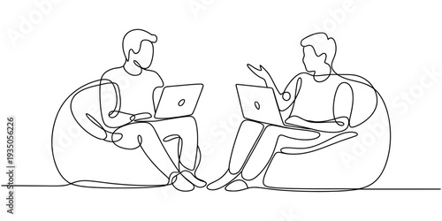continuous one line drawing Vector illustration of two men sitting on bean bags with laptops