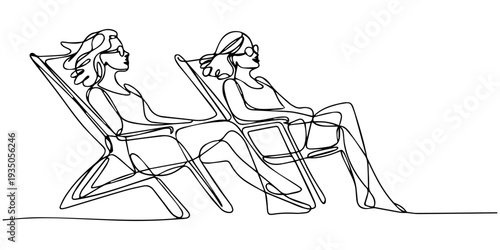 continuous one line drawing Vector illustration of two women in deck chairs