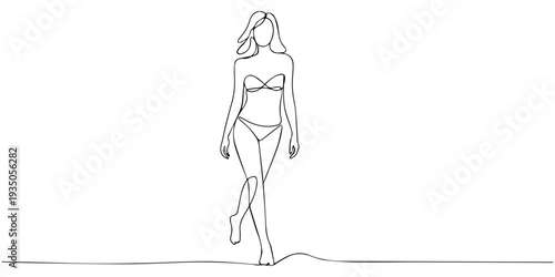 continuous one line drawing Vector illustration of a woman in a bikini walking on the beach