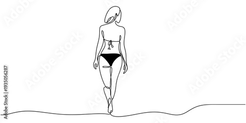 continuous one line drawing Vector illustration of a woman in bikini walking on line art