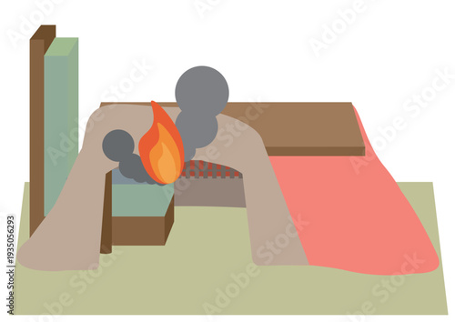 座椅子を押し込んだことによるヒーターに接触し発火したこたつの火災の原因のイメージイラスト