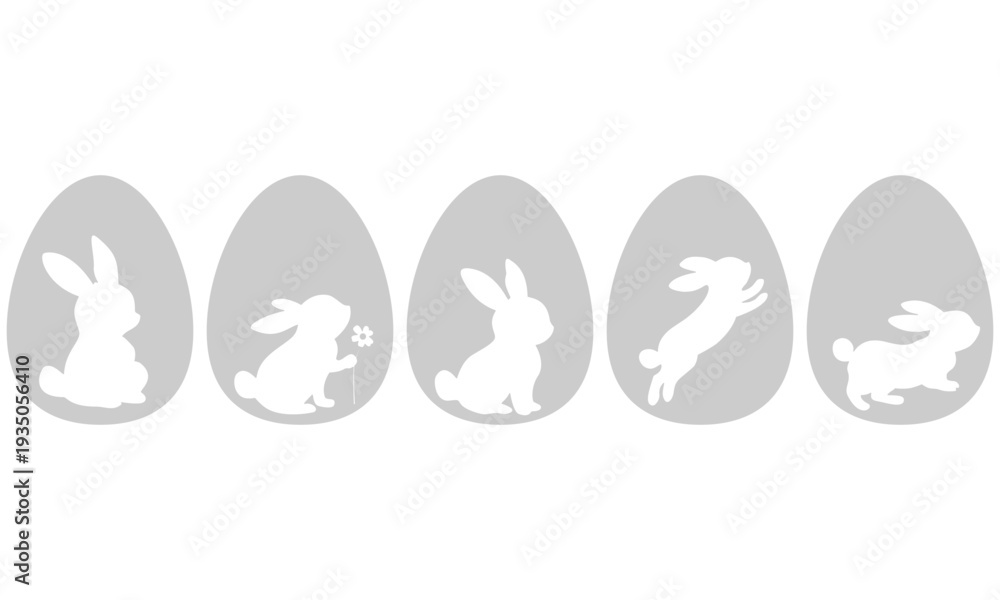 Obraz premium Set of easter bunny silhouette inside egg shapes on neutral gray background. Vector flat illustration featuring rabbit silhouettes in simple modern style.