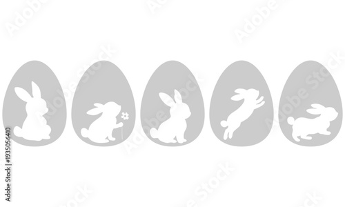 Set of easter bunny silhouette inside egg shapes on neutral gray background. Vector flat illustration featuring rabbit silhouettes in simple modern style.