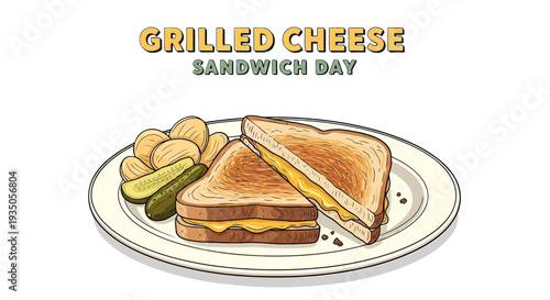 Grilled Cheese Sandwich with Pickles on Plate.