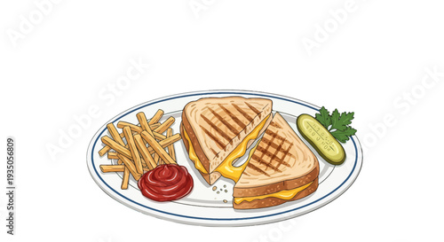 Grilled Sandwich with Fries and Pickle.