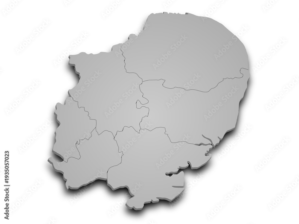 Fototapeta 3d East of England map, UK. Detailed high-quality illustration showing the administrative region geography boundaries isolated in white background.
