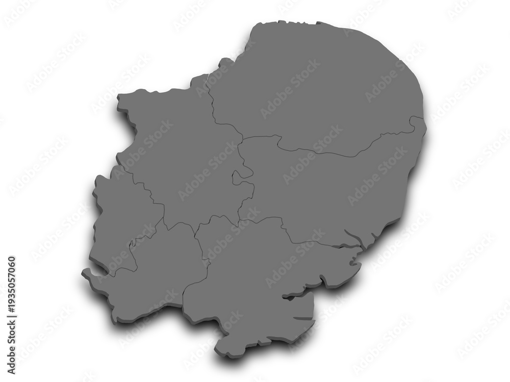 Fototapeta premium 3d East of England map, UK. Detailed high-quality illustration showing the administrative region geography boundaries isolated in white background.