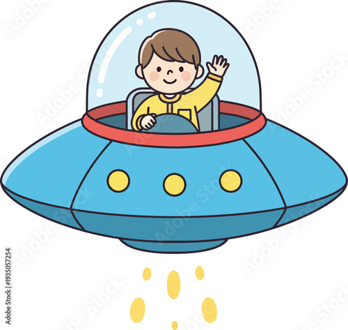 Boy Riding Flying Saucer Illustration