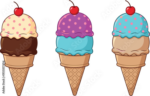 Colorful Ice Cream Cone Set with Sweet Frozen Dessert Scoops and Cherry Toppings for Summer Treat Menu Design