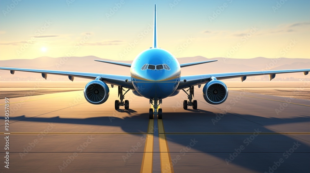 Obraz premium Blue Commercial Airplane on Runway at Sunset