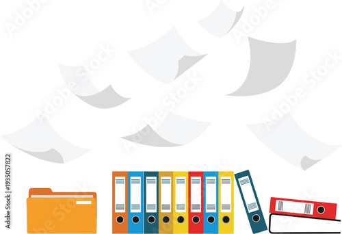 Office document management concept with folders, binders and flying papers, business paperwork organization and file storage vector illustration for office workflow
