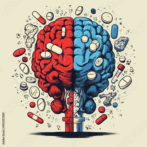 International Overdose Awareness Day International Anti Drug Day Healthy vs. Unhealthy Brain A Visual Representation of Addiction and Wellness, vector style simple color