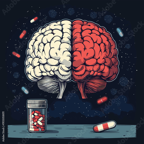 International Overdose Awareness Day International Anti Drug Day Healthy vs. Unhealthy Brain A Visual Representation of Addiction and Wellness, vector style simple color