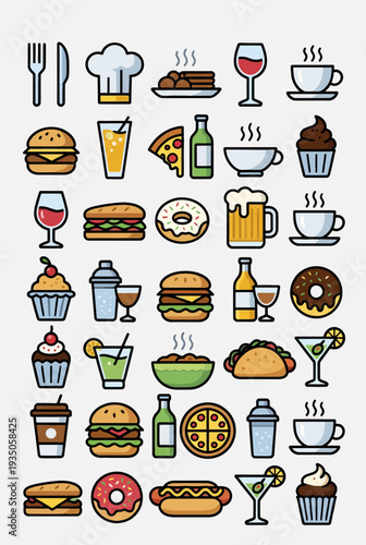 Assorted food and drink icons vector icon sheet featuring burgers, pizza, coffee, and cocktails in a grid layout from a direct viewpoint