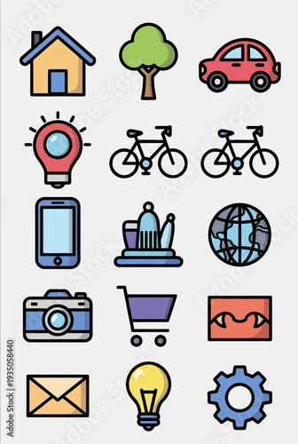 Vector icon sheet featuring a collection of icons representing daily life, including home, tree, car, light bulb, bicycles, mobile phone, people, globe, camera, shopping cart, email, and gear
