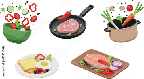 Cooking food preparation icons set with salad bowl, frying pan steak, vegetable soup pot, breakfast toast and salmon cutting board vector illustration