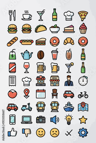 Collection of various food, drinks, and lifestyle icons arranged in a vector icon sheet, featuring diverse symbols representing daily activities and objects.