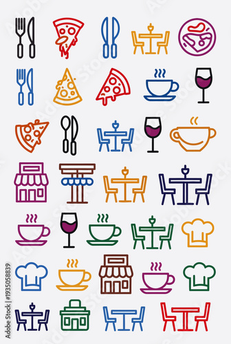 Vector icon sheet featuring restaurant icons, utensils, food, dining, cafe, coffee, wine, pizza, chair, table, in a colorful vector sheet
