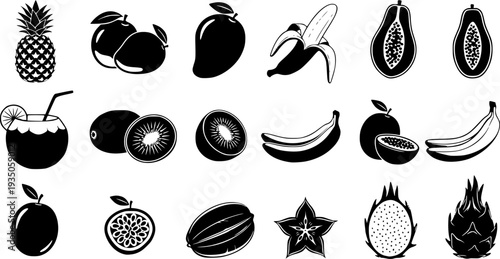 Tropical fruits black silhouettes set, pineapple, mango, and exotic fruits vector icons isolated on white background.