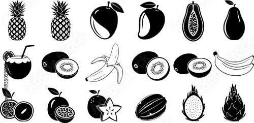 Tropical fruits black silhouettes set, pineapple, mango, and exotic fruits vector icons isolated on white background.