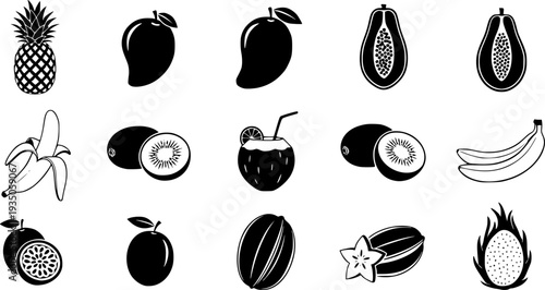 Tropical fruits black silhouettes set, pineapple, mango, and exotic fruits vector icons isolated on white background.