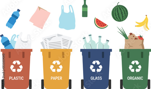 Waste sorting and recycling bins for plastic, paper, glass, and organic trash with recyclable items vector illustration for environmental protection and waste management
