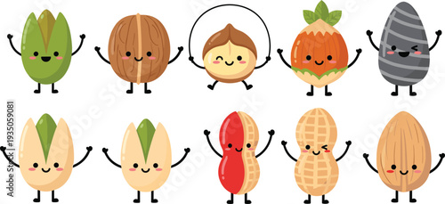 Cute cartoon nuts characters collection including pistachio, walnut, chestnut, peanut, almond and seeds with funny faces vector illustration for healthy food design