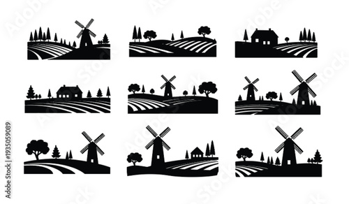 Black and white rural landscape silhouettes with windmills, farmhouses, trees and rolling fields set in minimalist countryside vector collection icon bundle for design