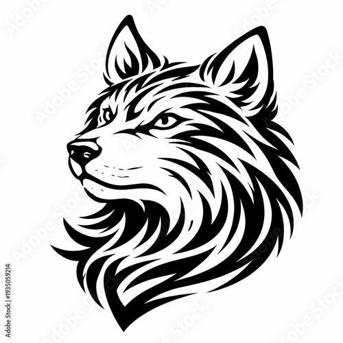 A black and white illustration of a wolf's head in profile with flowing fur and piercing eyes, viewed from the side