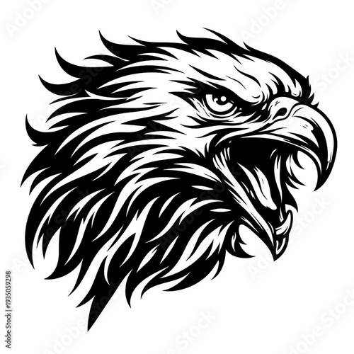 Fierce eagle head illustration with sharp beak and feathers in a detailed black and white graphic