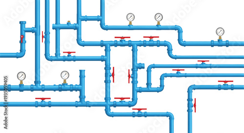 Industrial pipeline system vector illustration water pipes valves pressure gauges plumbing network diagram