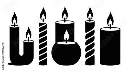 A distinct group of solid black vector icons portraying various burning candles with elegant and diverse designs.