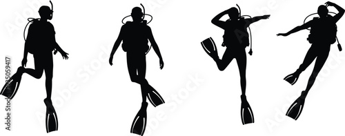 WebScuba diver silhouettes in dynamic underwater poses isolated on white background, professional diving equipment and marine adventure concept for ocean exploration design