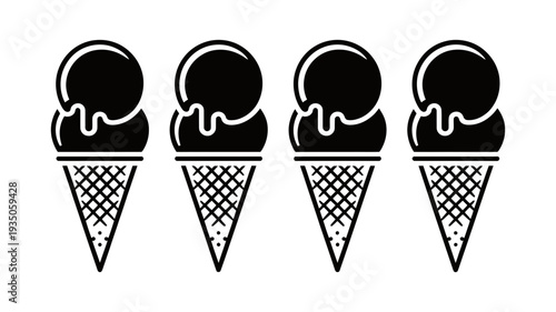 A delightful row of four solid black vector icons depicting melting double-scoop ice cream cones.