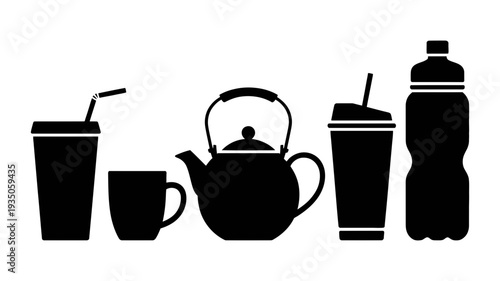 A modern collection of solid black vector icons illustrating common beverage containers like cups, teapots, and bottles.
