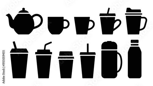 A group of diverse black silhouette beverage containers, including teacups, mugs, and various to-go drink cups.