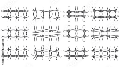 A grid of twelve unique abstract barbed wire patterns, showcasing different intertwined designs and shapes.
