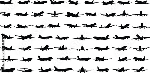 Set of airplane silhouettes, commercial aircraft and private jet vector illustrations in various flight positions, aviation transportation icons, isolated on white background, flight.