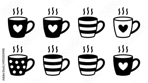 Eight black and white steaming hot beverage mugs, adorned with hearts, stripes, and polka dot patterns.